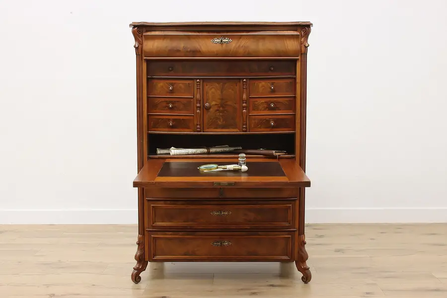 Photo of Biedermeier Antique 1840s Mahogany Drop Front Secretary Desk