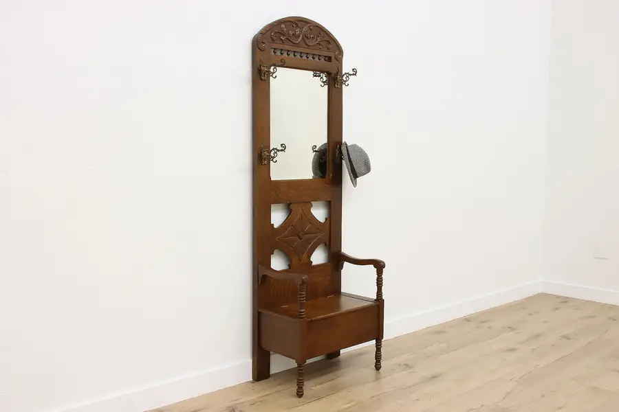 Photo of Victorian Antique Oak Hall Stand Mirror & Bench Iron Hooks