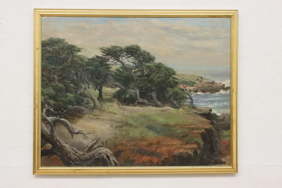Photo of Land Meets Sea Vintage Original Oil Painting Pieper 31.5"