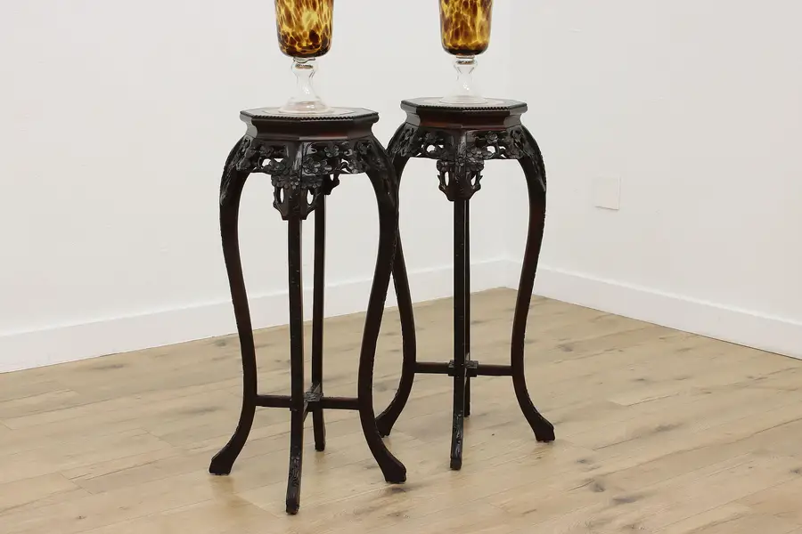 Photo of Pair of Chinese Vintage Mahogany Marble Top Stands Pedestals