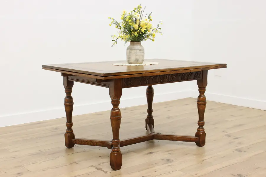 Photo of English Tudor Antique Oak Draw Leaf 6' Dining Table, Grapes