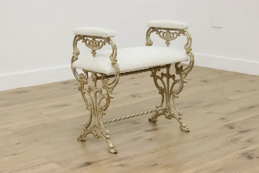 Photo of Cast Iron Victorian Antique Bench with Arms, New Leather