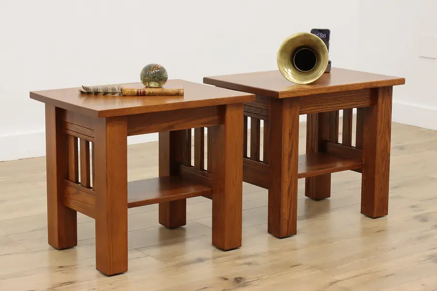 Photo of Pair of Arts & Crafts Mission Oak Vintage Lamp, Side Tables