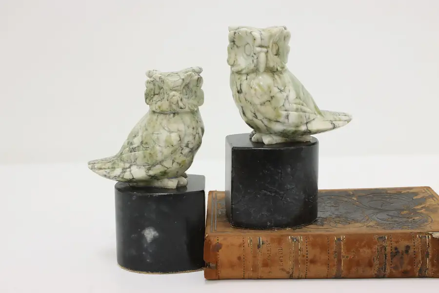 Photo of Pair of Vintage Green Alabaster Owl Library Office Bookends