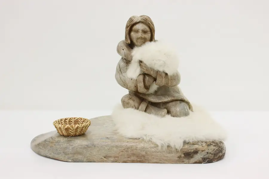 Photo of Inuit Alaskan Woman & Child Carved Soapstone Sculpture Drake