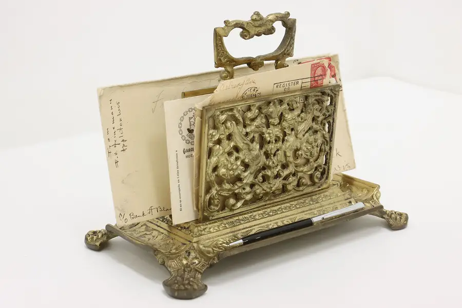 Photo of Victorian Antique Brass Desktop Office Letter & Pen Holder