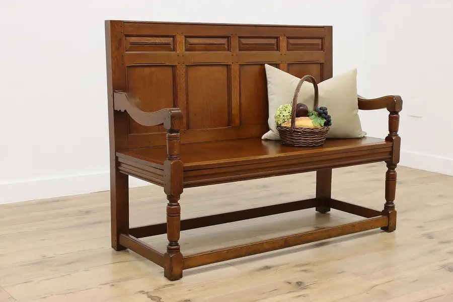 Photo of English Tudor Antique Carved Oak Hall Entry or Porch Bench