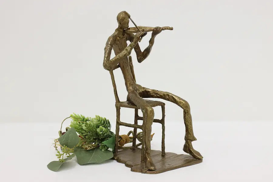 Photo of Violinist Musician Statue Vintage Midcentury Brass Sculpture
