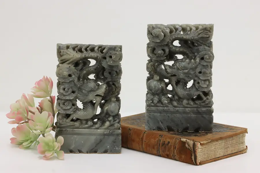 Photo of Pair of Chinese Carved Soapstone Dragon Sculpture Bookends