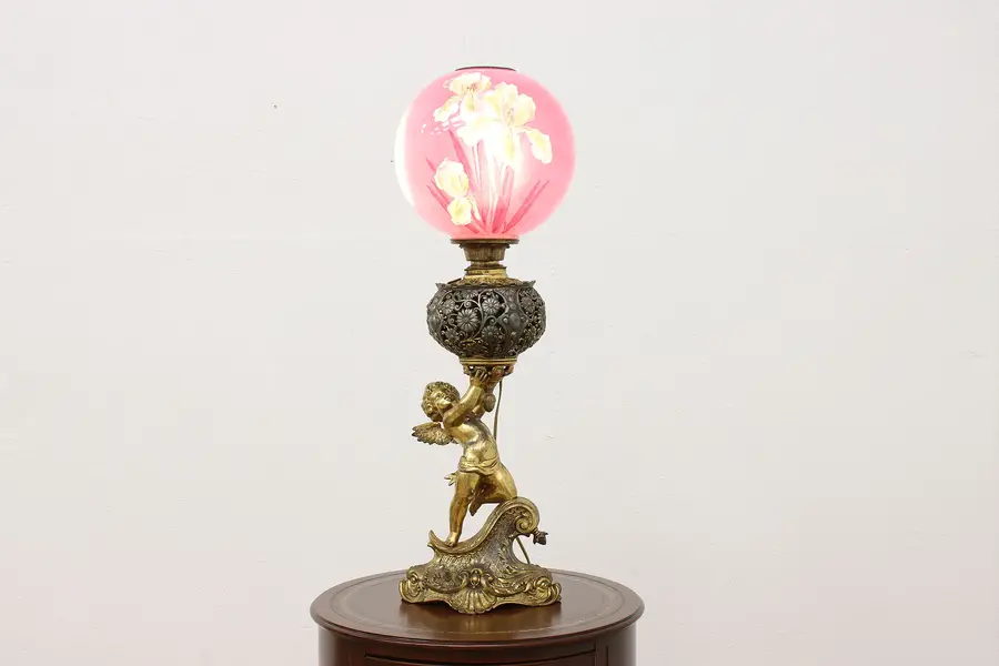 Photo of Victorian Antique Cherub Angel Oil Lamp, Painted Shade Kato