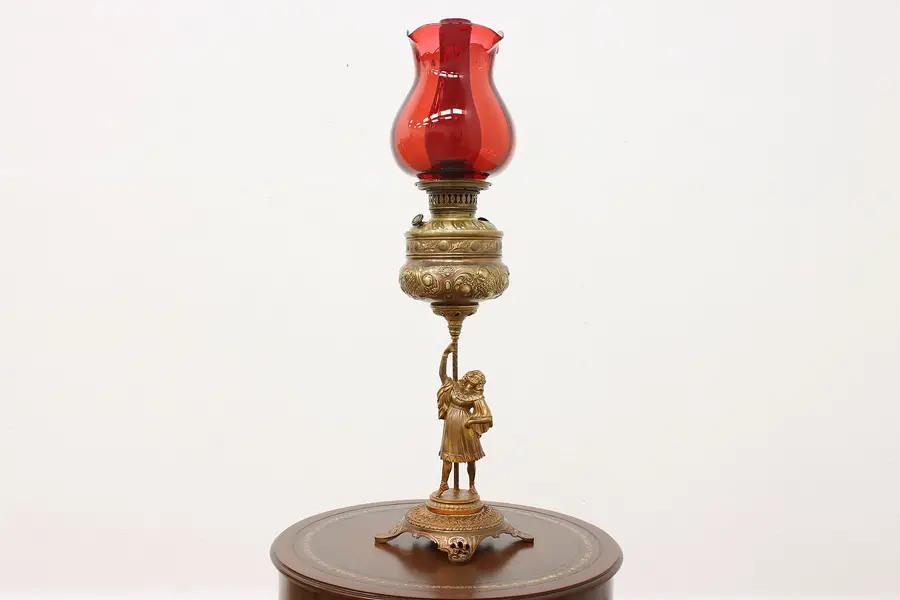 Photo of Victorian Antique Dancer Oil Lamp Ruby Shades, Eureka
