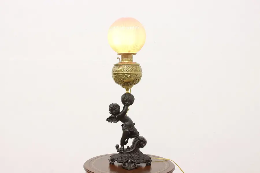 Photo of Victorian Antique Cherub Sculpture Oil Lamp Peachblow Shade