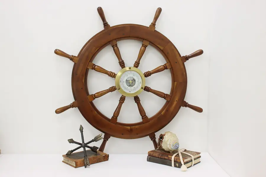 Photo of Nautical Vintage Teak Ship Captain Wheel & Taylor Barometer