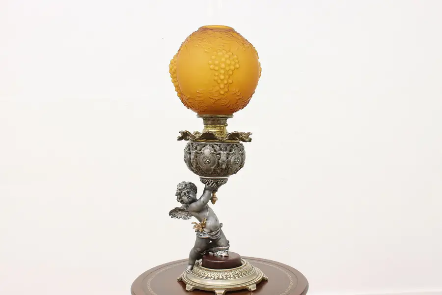 Photo of Victorian Antique Angel Oil Lamp Amber Glass Shade B&H