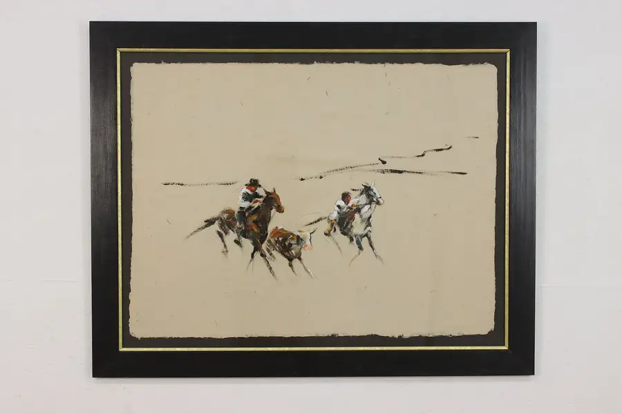 Photo of Cowboy Roping Steer Vintage Original Oil Painting, Dull 45"