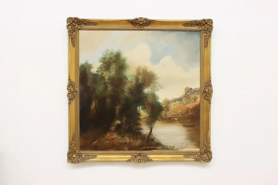 Photo of Hillside Castle Vintage Original Oil Painting Aval 42.5"