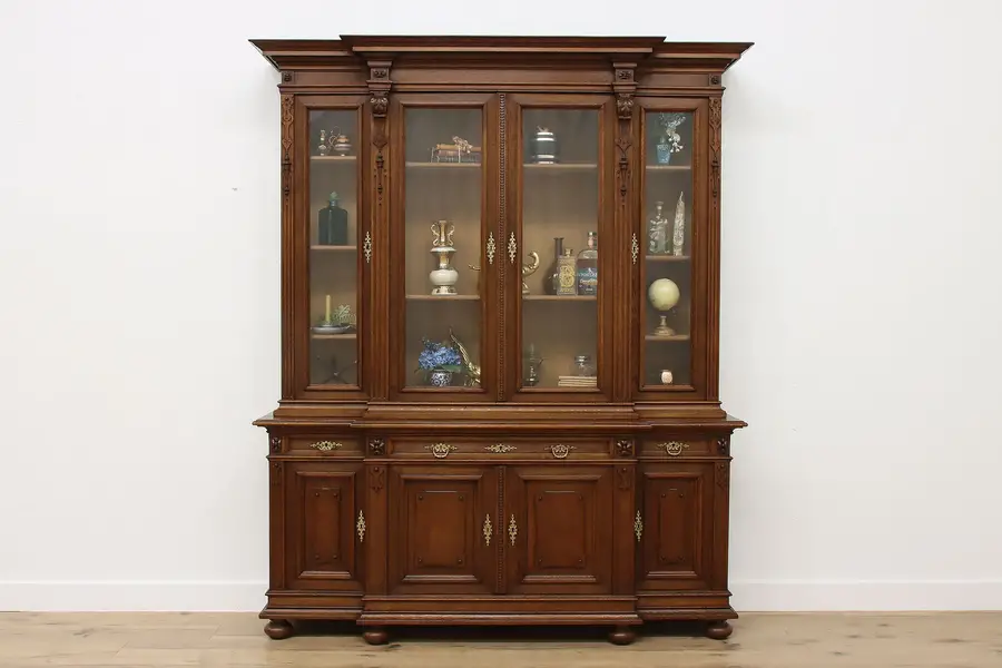 Photo of Victorian Antique Carved Oak Bookcase Display or Bar Cabinet