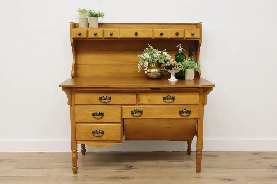 Photo of Farmhouse Antique Birch Kitchen Pantry Baker Cabinet & Bin