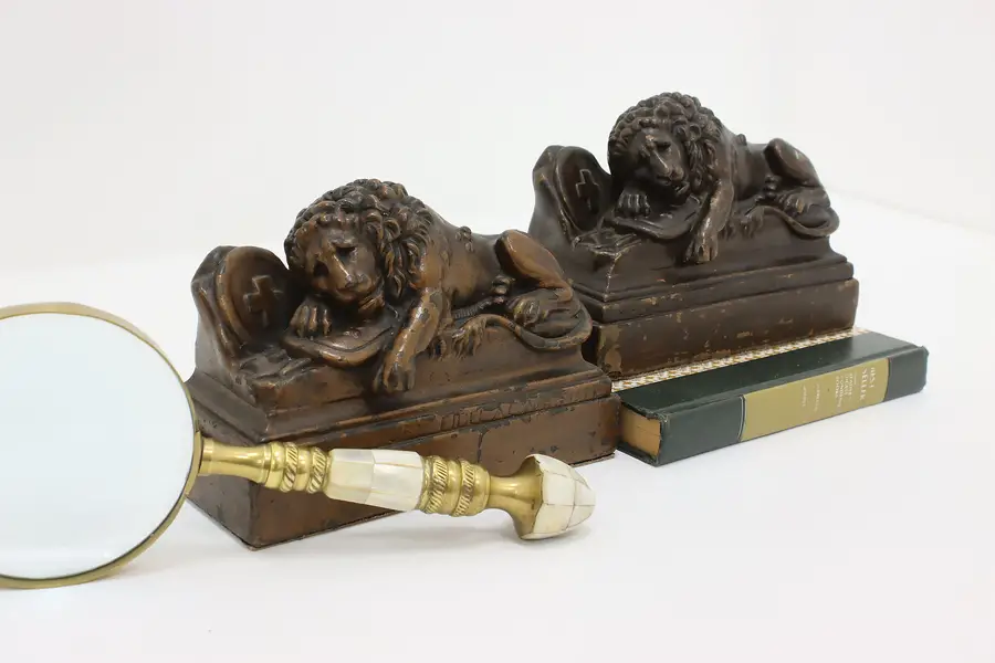 Photo of Pair of Antique Bronze Finish Swiss Lion of Lucerne Bookends