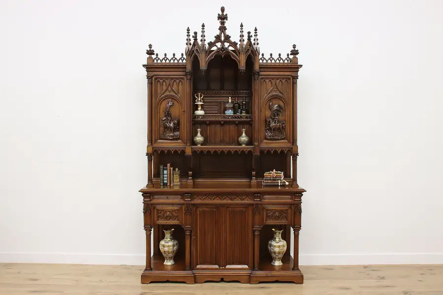 Photo of Gothic Antique Walnut Sideboard or Bar Carved Knights