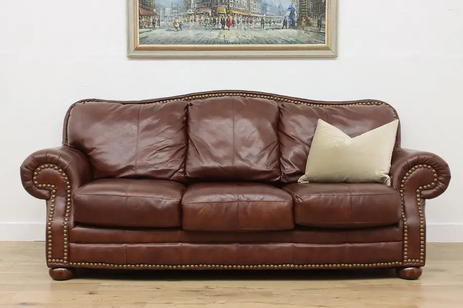 Photo of Traditional Vintage Leather Couch Brass Nailhead Trim