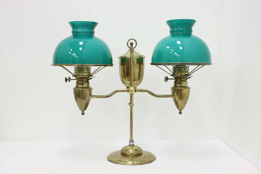 Photo of Victorian Antique Double Emerald Shade Student Desk Lamp B&H
