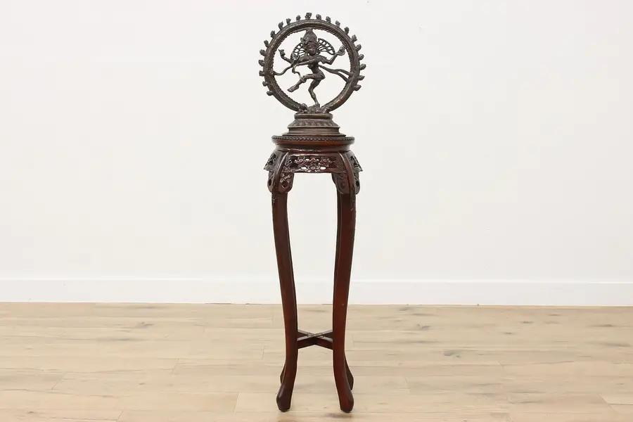Photo of Asian Vintage Mahogany & Marble Pedestal, Carved Flowers