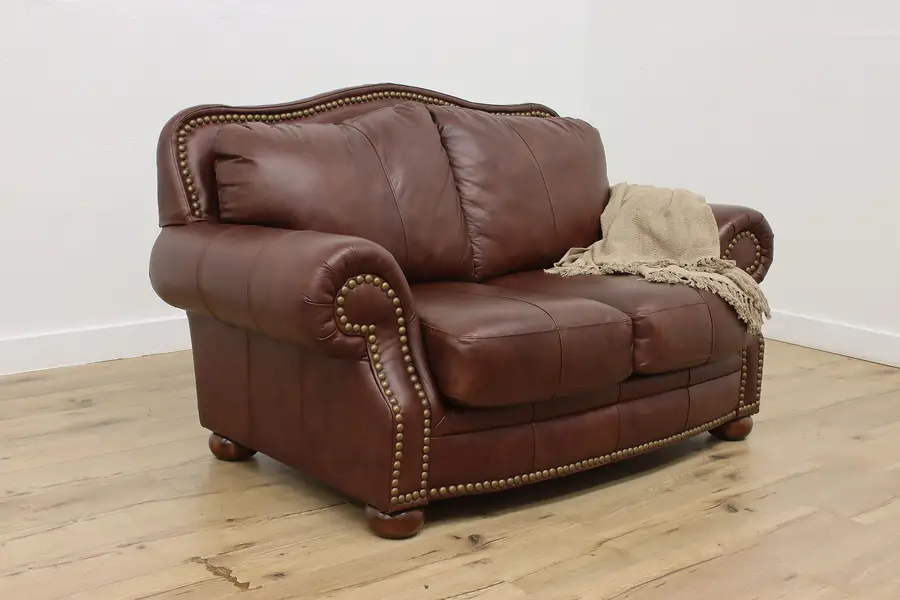 Photo of Traditional Vintage Leather Sofa or Loveseat Brass Nailheads