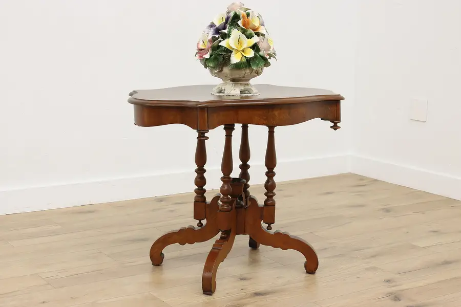 Photo of Victorian Antique Walnut Turtle Top Parlor Lamp Hall Table
