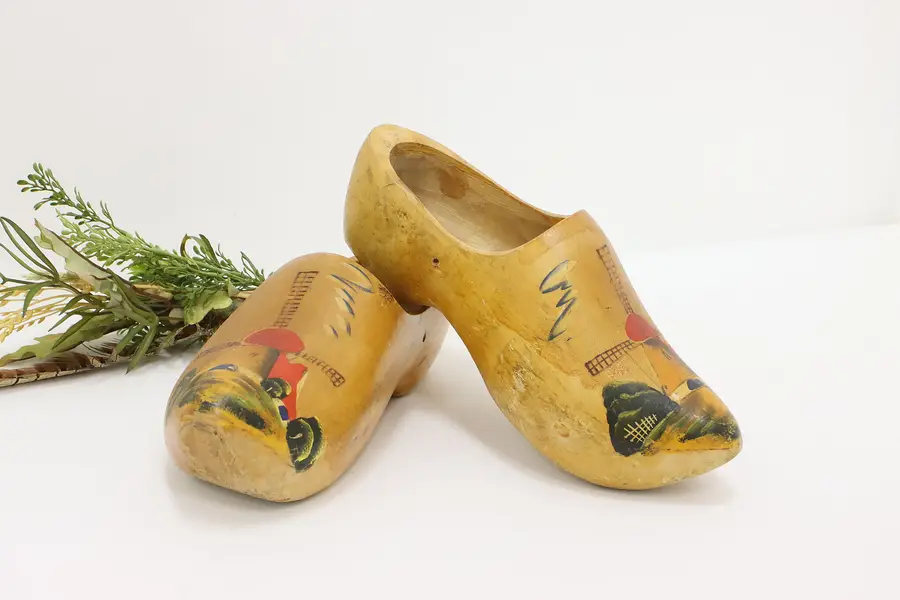 Photo of Dutch Vintage Hand Painted Wooden Clog Shoes, Windmills, LY
