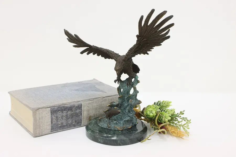 Photo of Hunting Eagle, Fish Vintage Bronze Sculpture Marble Base SPI