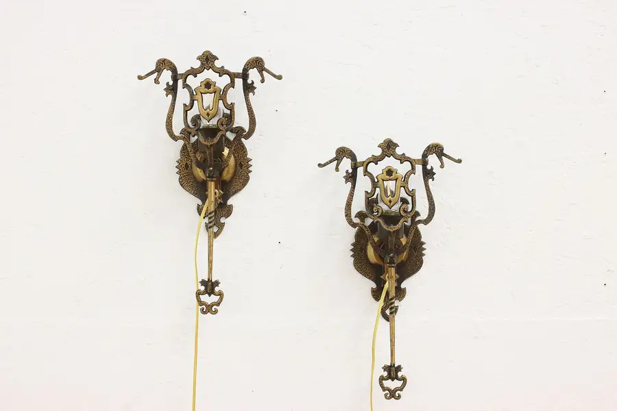 Photo of Pair of Renaissance Bronze Finish Wall Sconces Bird Heads