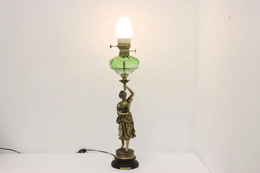 Photo of French Antique Woman Sculpture Oil Art Glass Lamp Rancoulet