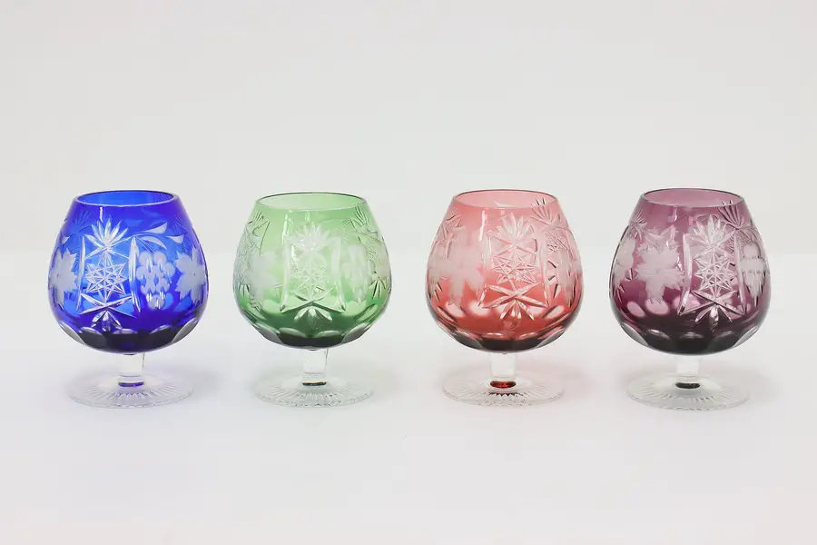 Photo of Set of 4 Colored Cut Vintage German Crystal Brandy Snifters