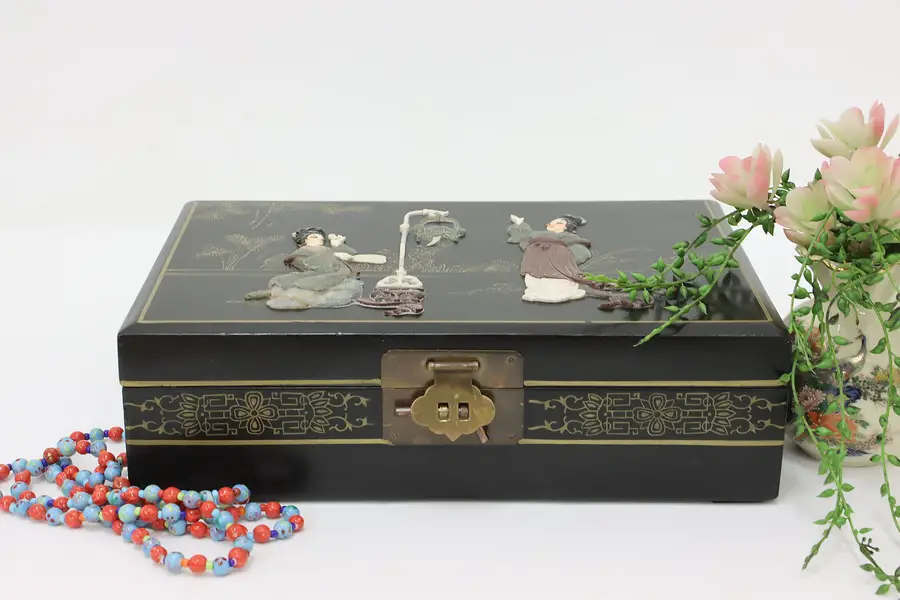 Photo of Chinese Vintage Lacquer & Carved Stone Jewelry Chest