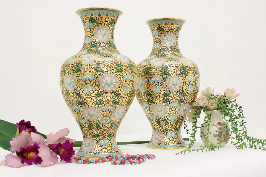 Photo of Pair of Chinese Vintage Gold & Cloisonne Enamel Vases