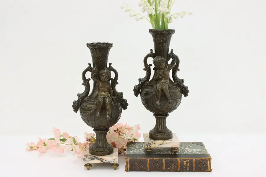 Photo of Pair of Italian Vintage Bronze & Marble Cherub Urns or Vases
