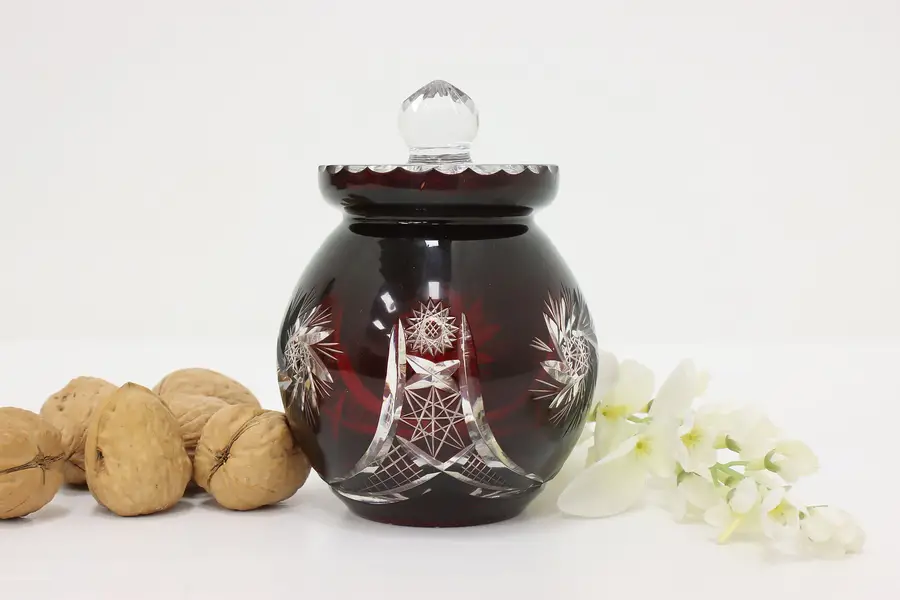 Photo of German Vintage Cut Ruby Crystal Honey or Jam Jar