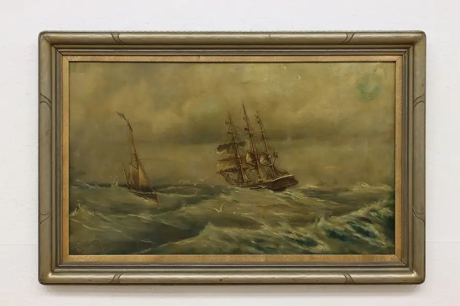 Photo of Stormy Sea Ships Antique Original Oil Painting Peterson 41"