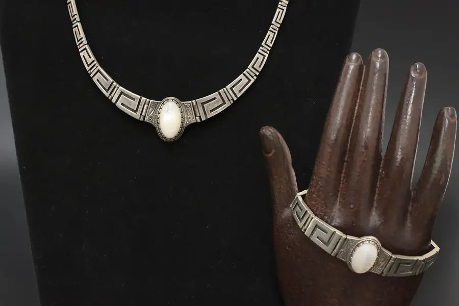 Photo of Sterling Silver Greek Key Moonstone Necklace & Bracelet Set