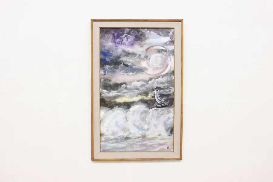 Photo of Moonlight Sailboat Vintage 3D Original Oil Painting JS 45.5"