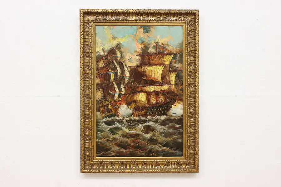 Photo of Battling Ships Vintage Original Oil Painting Jonah 44"