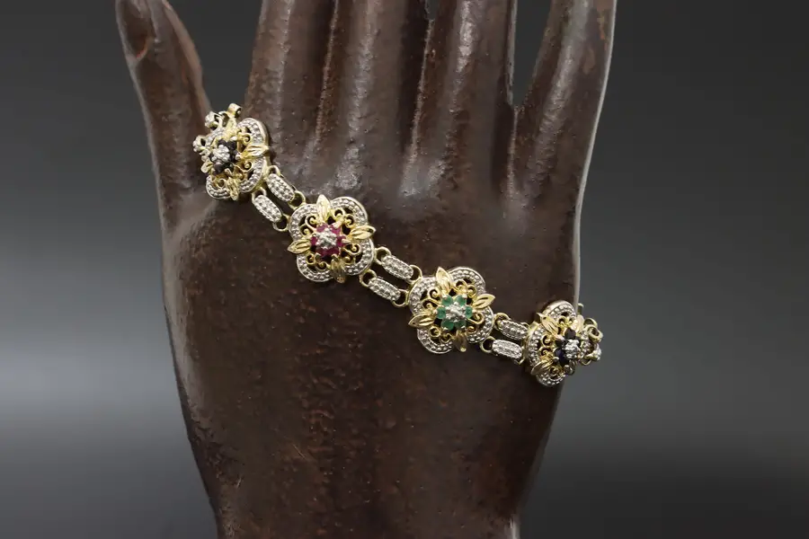 Photo of Sterling Silver Vermeil Ruby Sapphire Emerald Flower Bracelet
