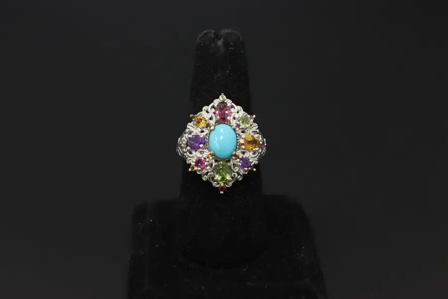 Photo of 925 Sterling Silver Turquoise & Multi-Gemstone Filigree Ring