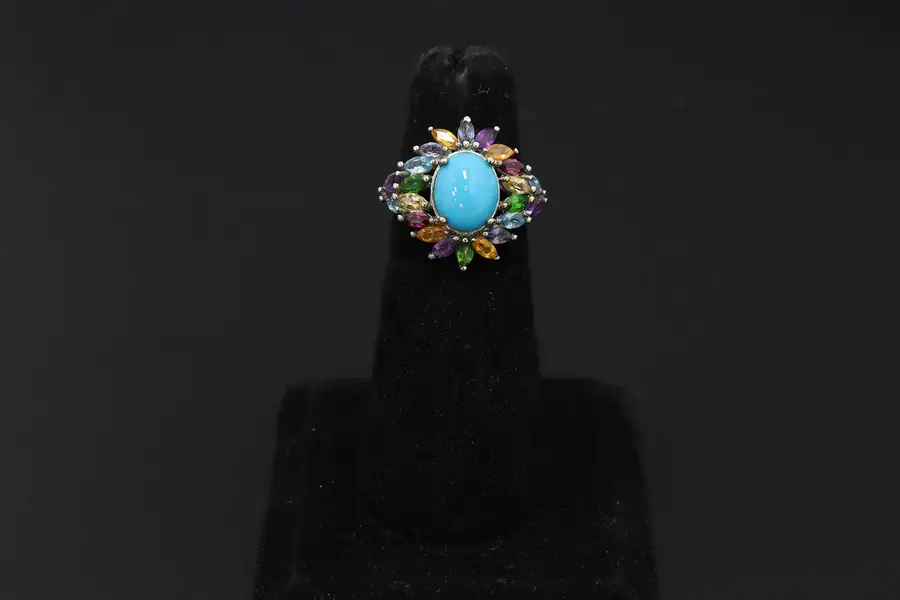 Photo of Sterling Silver Turquoise & Multi-Gemstone Cluster Ring
