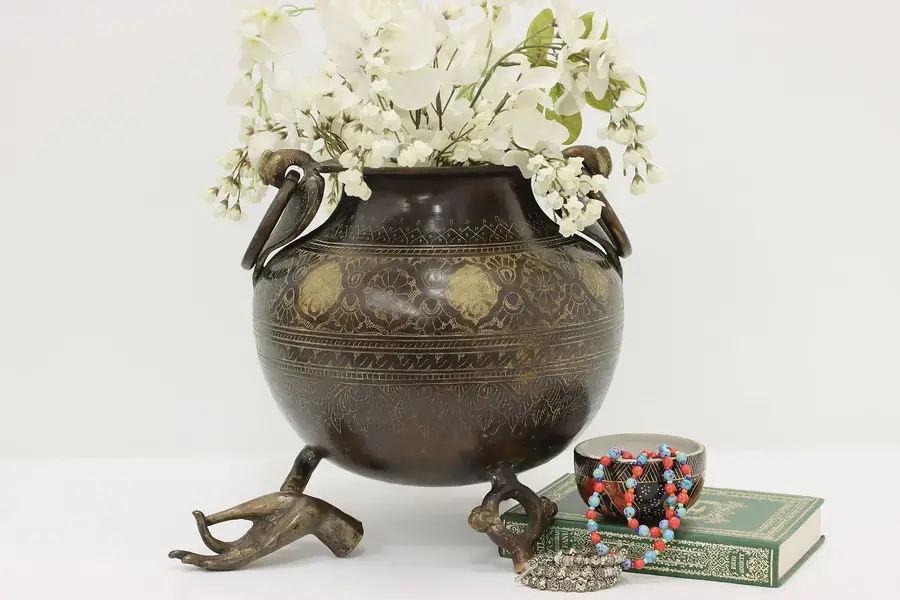 Photo of Indian Vintage Engraved Bronze Garden Porch Planter Peacocks