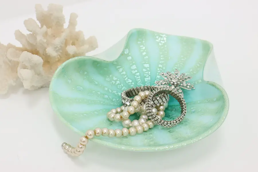 Photo of Shell Shape Vintage Green & Silver Leaf Blown Art Glass Bowl