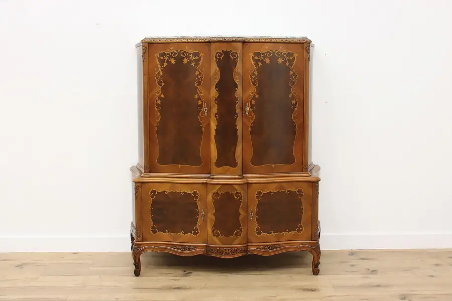 Photo of French Vintage Marble Top & Marquetry Library Bar Cabinet