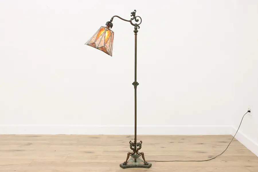 Photo of Art Deco Antique Brass Granite Bridge Floor Lamp Mica Shade