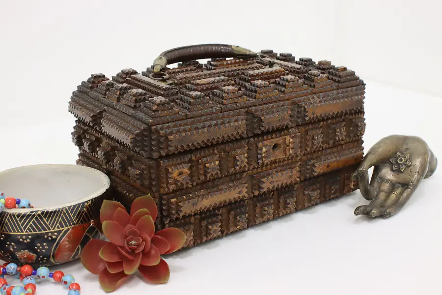 Photo of Tramp Art Vintage Carved Pine Jewelry Chest or Memento Box
